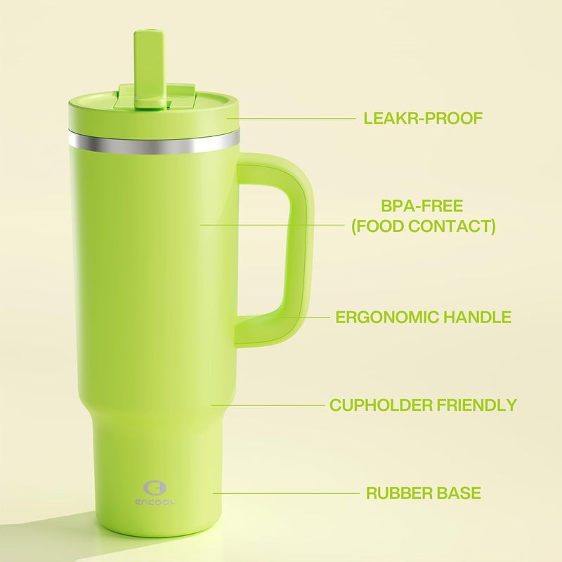ENCOOL 40 oz Tumbler with Handle and Straw: Stainless Steel Insulated Tumbler Keeps Cold for 24 Hours, Leakproof Travel Cup Fits in Cup Holder and BPA-Free,Sharp Green - Image 3